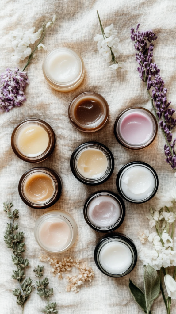 Selbstgemachte Lippenbalsame in verschiedenen Farben, präsentiert mit Naturzutaten.