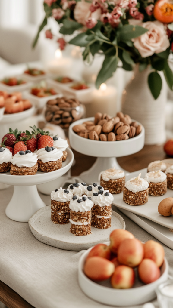 : Osterdessert-Tisch mit gesunden Leckereien, liebevoll dekoriert mit Frühlingsblumen und pastellfarbenem Geschirr.