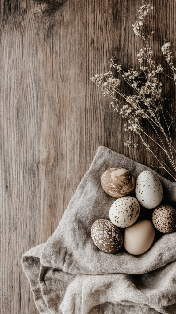 Oster-Moodboard im skandinavischen Stil mit natürlichen Materialien und minimalistischer Dekoration.