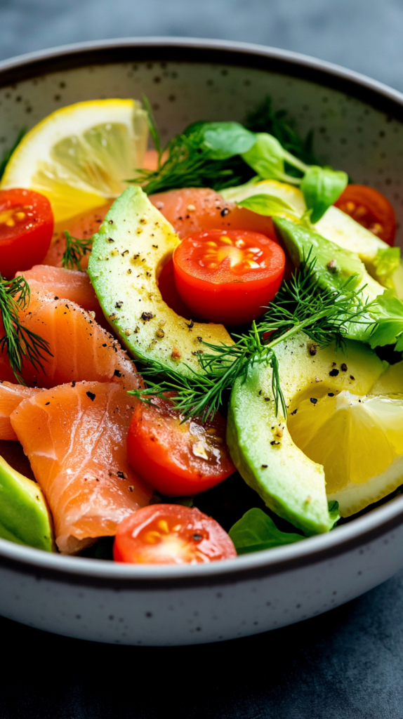 Avocado-Salat mit Räucherlachs, serviert mit Dill, Cherrytomaten & Zitronenscheiben.