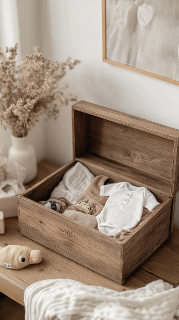 Handgefertigte Erinnerungsbox aus Holz mit Gravur und Erinnerungsstücken zur Geburt.