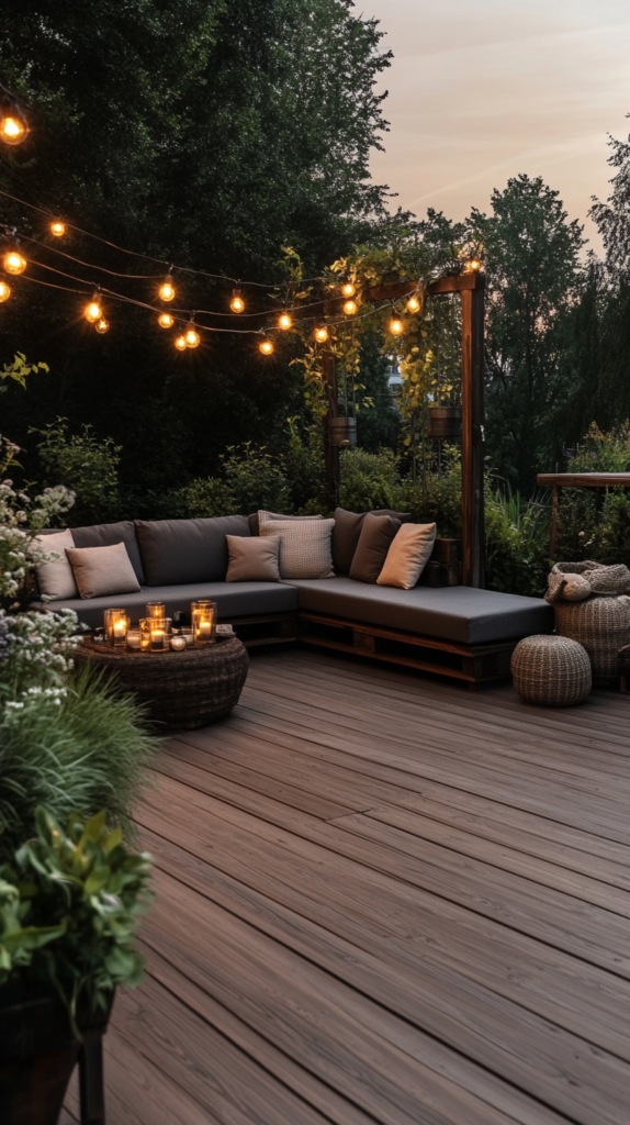 Gemütlicher Garten mit Lounge-Bereich, Naturmaterialien & Lichterketten.