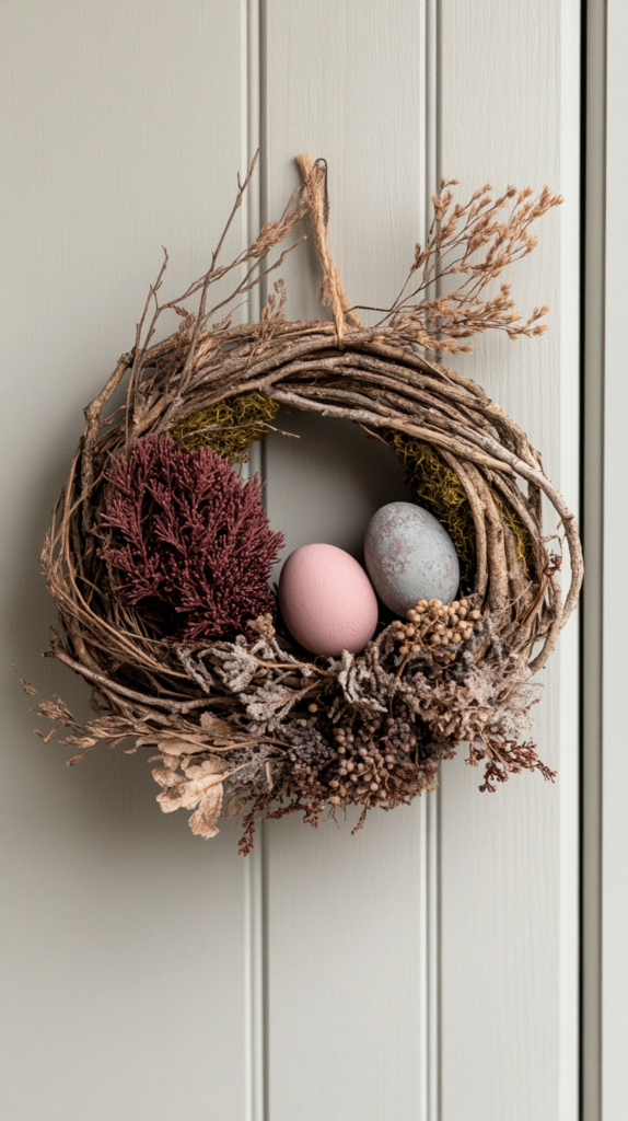 Minimalistischer Osterkranz aus Naturmaterialien mit zarten Blüten.