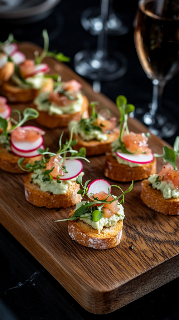 Crostini mit Avocado-Creme, Radieschen & Kresse auf einem Holzbrett.