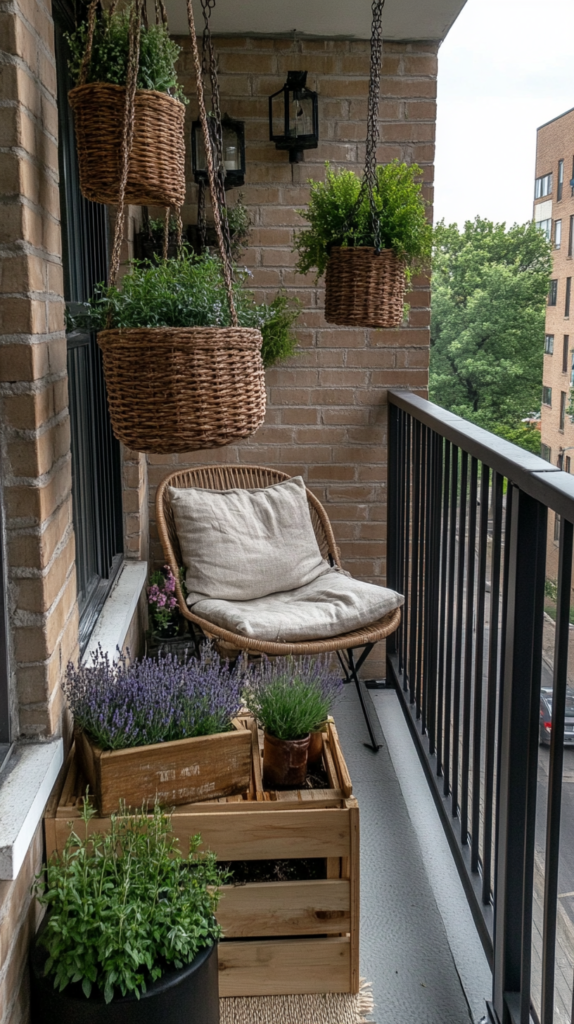 Verschiedene Balkon-Urban-Gardening-Ideen mit hängenden Kräutertöpfen, Hochbeeten & kreativen Pflanzlösungen.