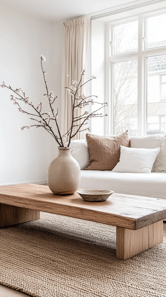 Helles Japandi-Wohnzimmer mit Eichenmöbeln, minimalistischem Couchtisch & Keramikdeko.