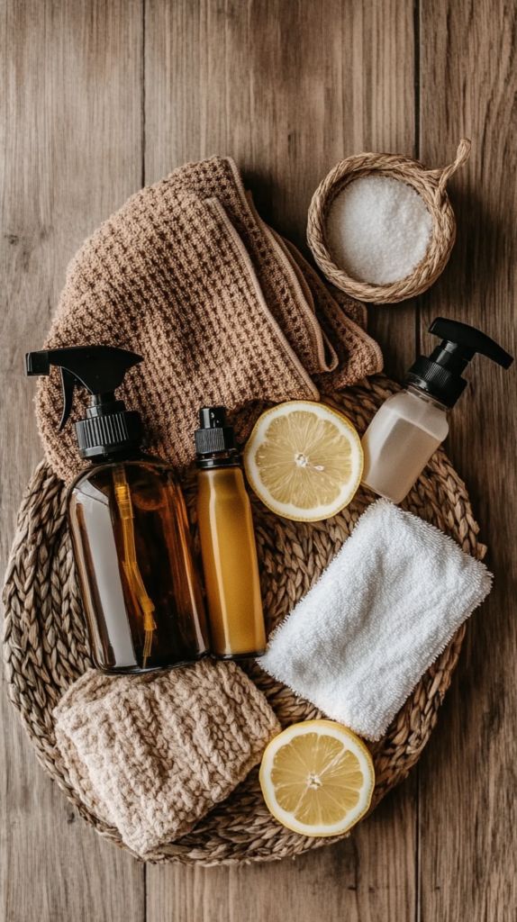 Flat Lay mit natürlichen Reinigungsprodukten: Glas-Sprühflaschen, Natron, Zitronenscheiben, ätherische Öle und Mikrofasertücher auf rustikalem Holzuntergrund. Sanfte Beleuchtung für eine hyggelige Ästhetik."
