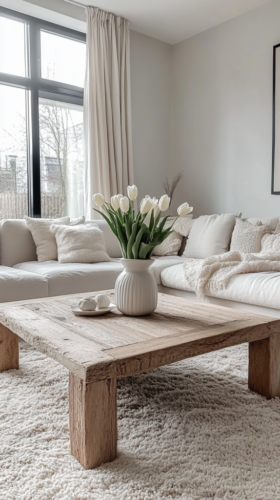 Gemütliches Wohnzimmer mit Hygge-Frühlingsdeko, sanften Farben und natürlichen Materialien.