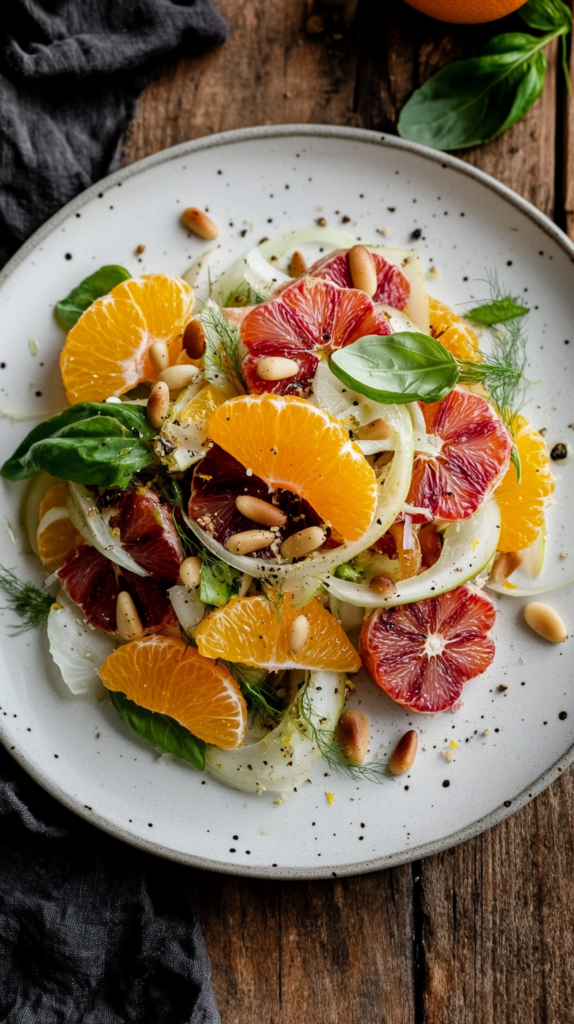 Fenchelsalat mit Orangenscheiben, Pinienkernen & leichtem Zitronendressing.