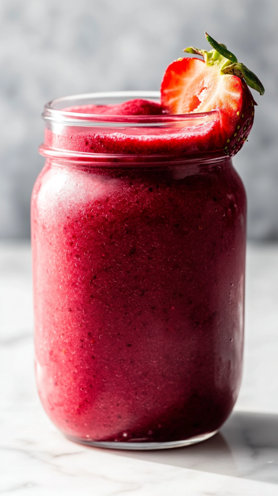 Roter Power-Smoothie aus Erdbeeren und Rote Bete in einem Glas, dekoriert mit frischen Früchten.
