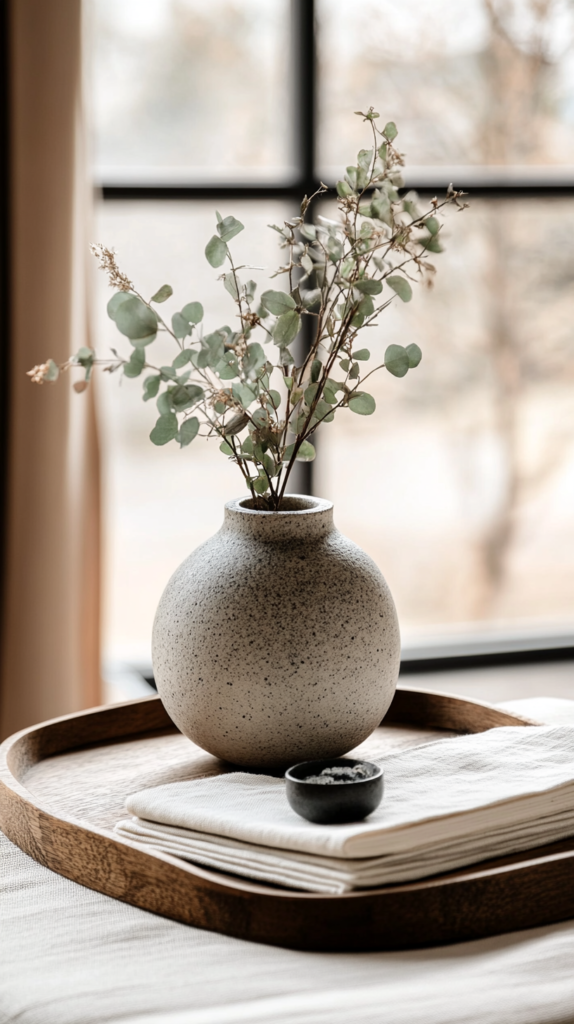 Detailaufnahme von Japandi-Deko mit Keramikvase, Holztablett & Sojakerze.