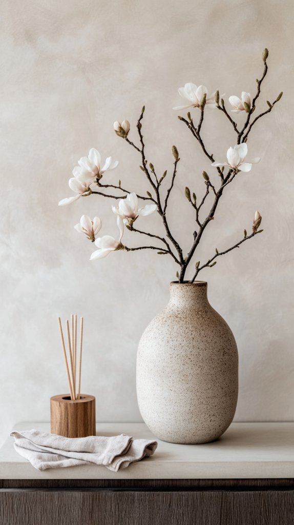 Japandi-Vase mit Magnolienzweigen auf hellem Sideboard mit Frühlingslicht.