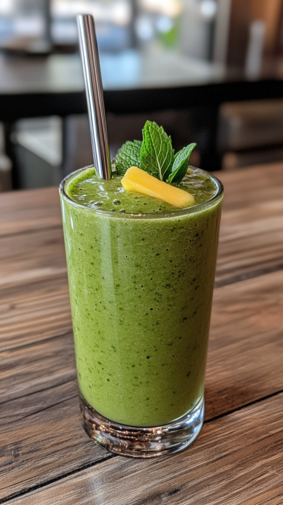 Grüner Smoothie mit Spinat und Mango, serviert in einem Glas mit Strohhalm auf einem Holztisch.