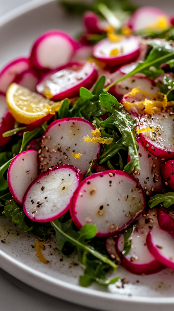 Frühlingssalat mit Radieschen, Rucola & Zitronendressing auf einem weißen Teller.