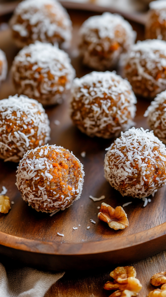 Karottenkuchen-Bällchen ohne Backen, serviert auf einem Holzteller mit Kokosraspeln.