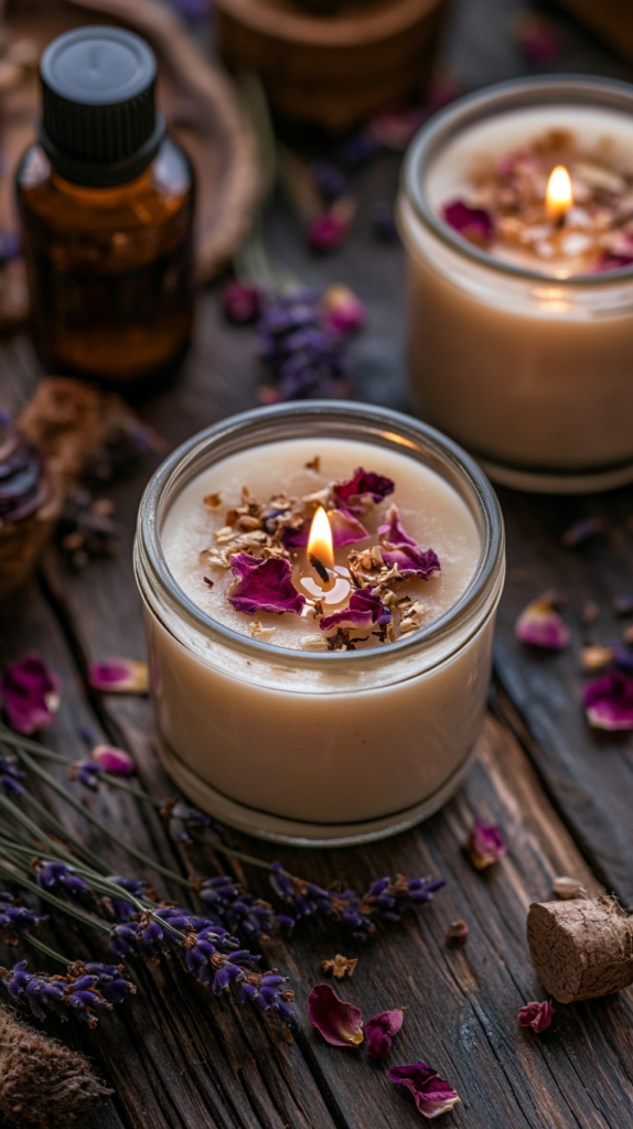 Nahaufnahme von DIY-Kerzen mit eingearbeiteten getrockneten Blüten, arrangiert auf einem rustikalen Holztisch mit Lavendel und Rosenblättern.