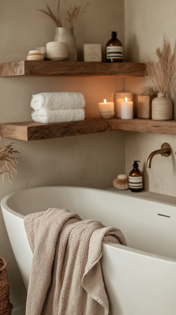 Vollständiges Hygge-Badezimmer mit Holzdetails, freistehender Badewanne & gemütlichem Licht.