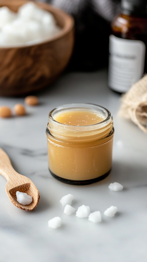 Selbstgemachter Lippenbalsam mit Bienenwachs & Kokosöl in einem kleinen Glastiegel.