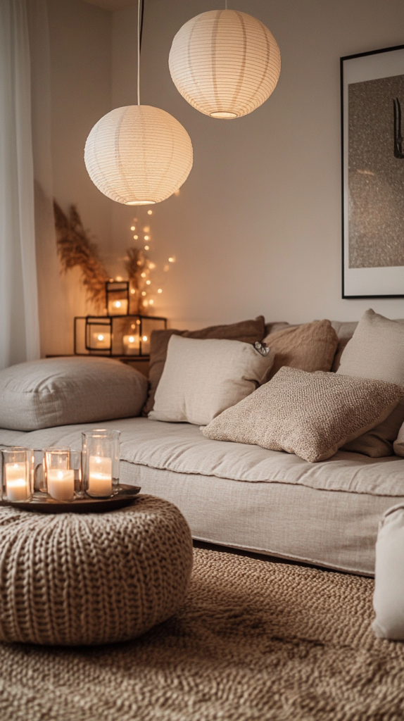 Hygge-Wohnzimmer mit indirekter Beleuchtung durch Papierlampen & Kerzen.