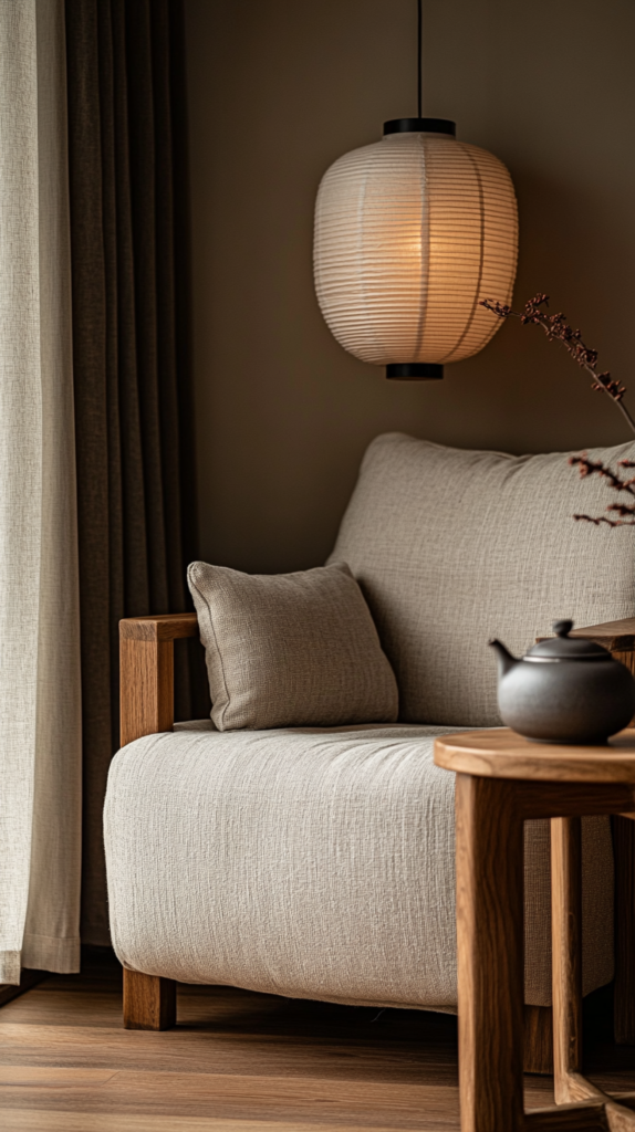 Stimmungsvolle Japandi-Beleuchtung mit sanften Lichtquellen, Papierlaterne & Holztisch.