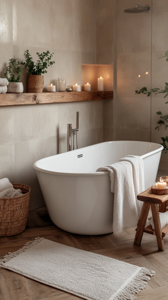 Gemütliches Hygge-Badezimmer mit Kerzen, Holzakzenten und einer freistehenden Badewanne.