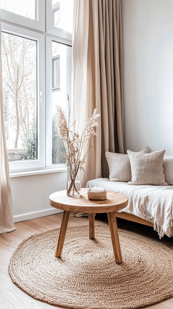 Wohnzimmer im Hygge-Stil mit Holzmöbeln, Leinen-Sofa & warmen Naturtönen.