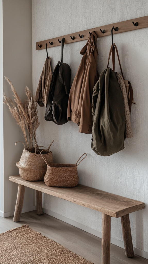 Stilvolle Wandhaken in einer kleinen Wohnung, die als funktionale Stauraumlösung dienen.
