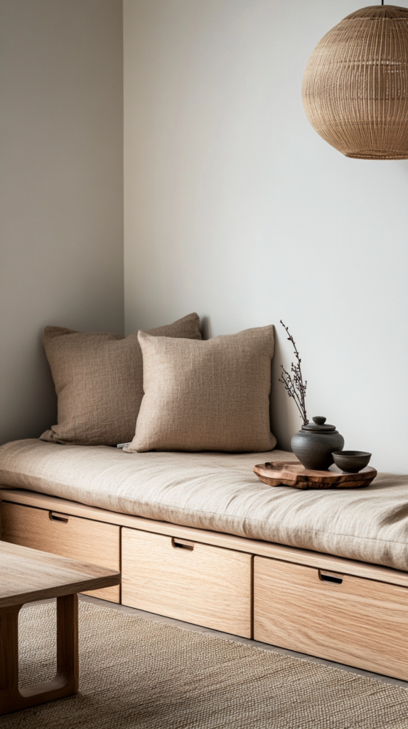 Japandi-Sofa mit integrierten Schubladen, Holz-Beistelltisch & minimalistischer Deko.