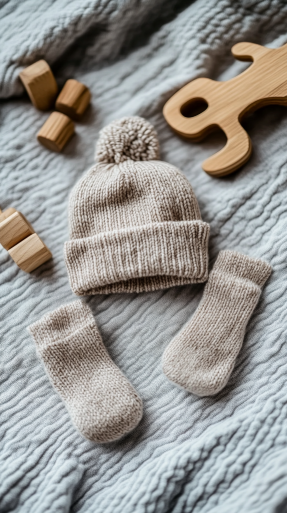 Handgestrickte Babymütze und Söckchen aus weicher Wolle für Neugeborene.