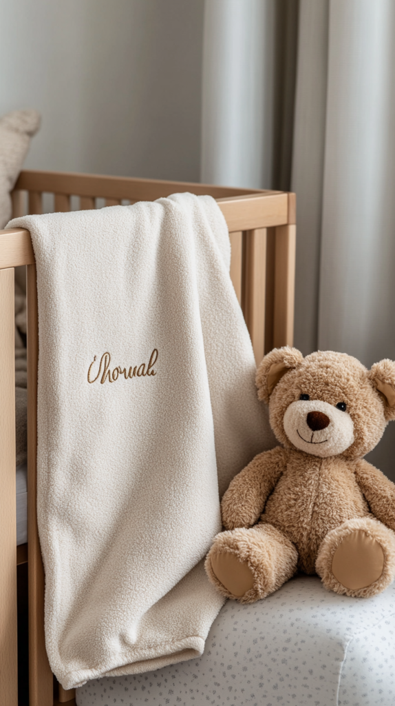Personalisierte Babydecke mit gesticktem Namen und passendem Kuscheltier in natürlichen Farben.