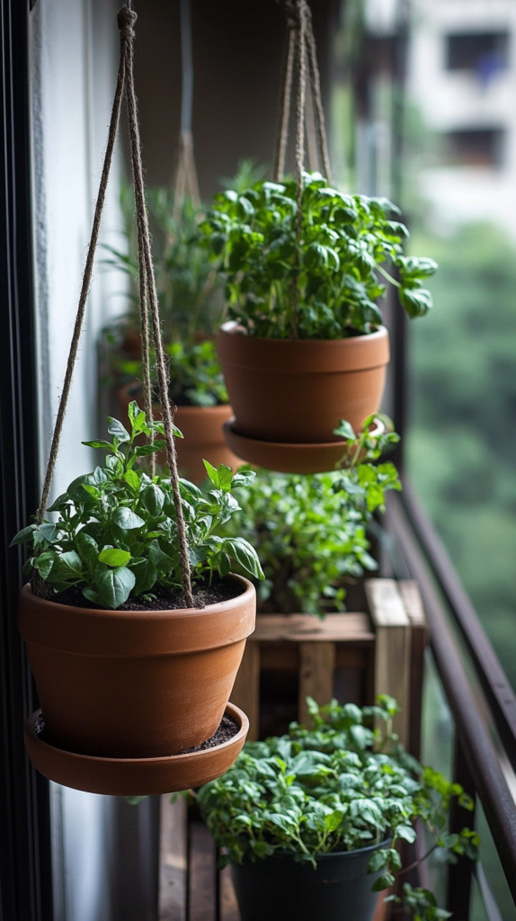 Verschiedene Balkon-Urban-Gardening-Ideen mit hängenden Kräutertöpfen, Hochbeeten & kreativen Pflanzlösungen.