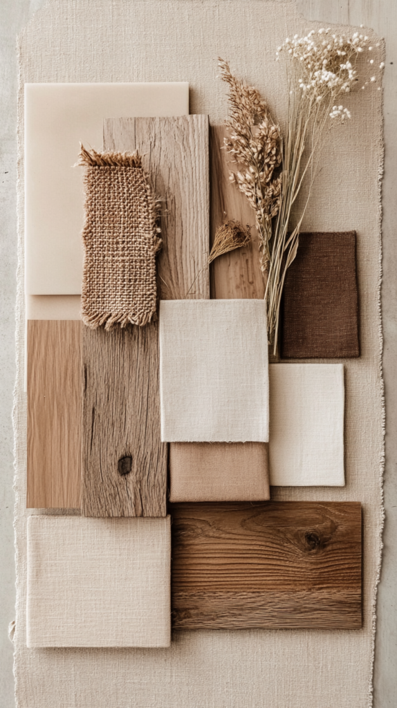 Japandi-Moodboard mit Farbmuster, Naturmaterialien & minimalistischen Design-Ideen.