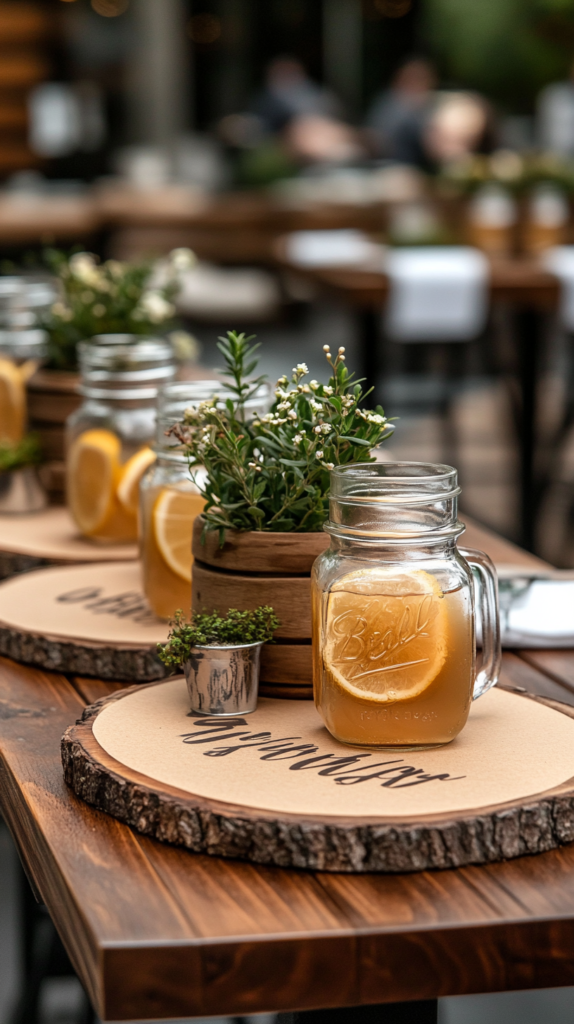 Babyshower-Tisch mit Holzschild, Glasflaschen mit Kräuterlimonade & umweltfreundlicher Dekoration.