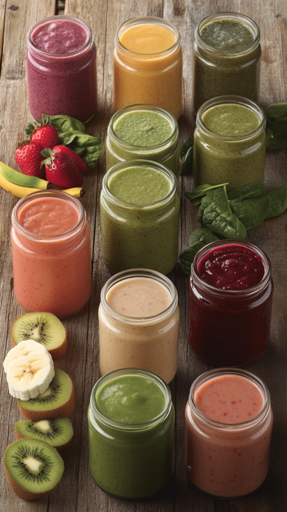 Flatlay mit bunten Frühlingssmoothies, umgeben von frischem Obst und Gemüse auf einer rustikalen Holzoberfläche.