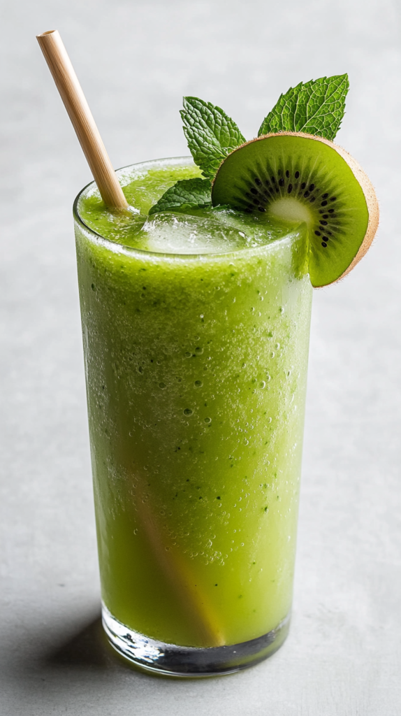 Frühlingshafter Kiwi-Minze-Smoothie, serviert in einem Glas mit frischer Minze als Garnitur.
