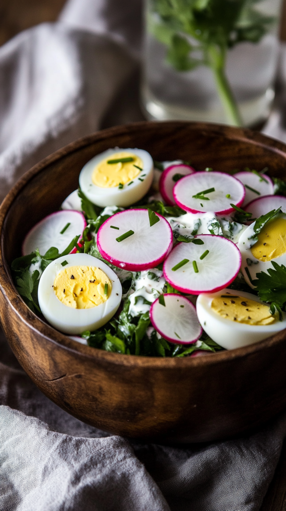 Frühlingshafter Salat mit knackigen Radieschen, Ei & Joghurt-Dressing.