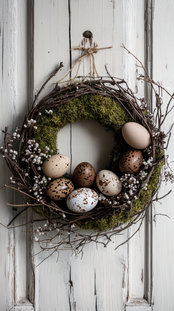 Handgefertigter Osterkranz aus Moos mit Eierschalen und kleinen Frühlingsblumen an einer weißen Tür.