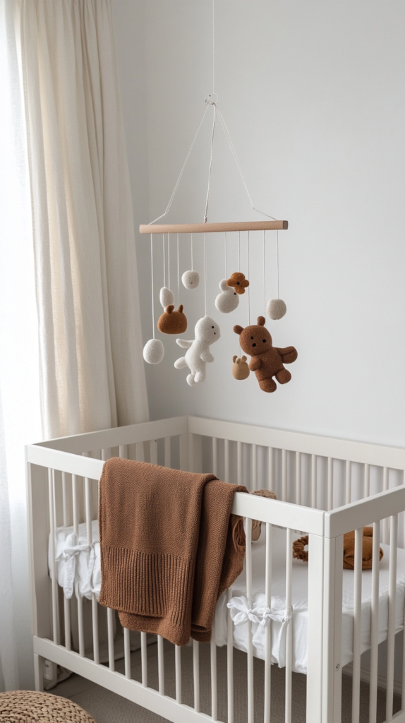Handgefertigtes Baby-Mobile aus Holzperlen und Filztieren über einem Kinderbett.