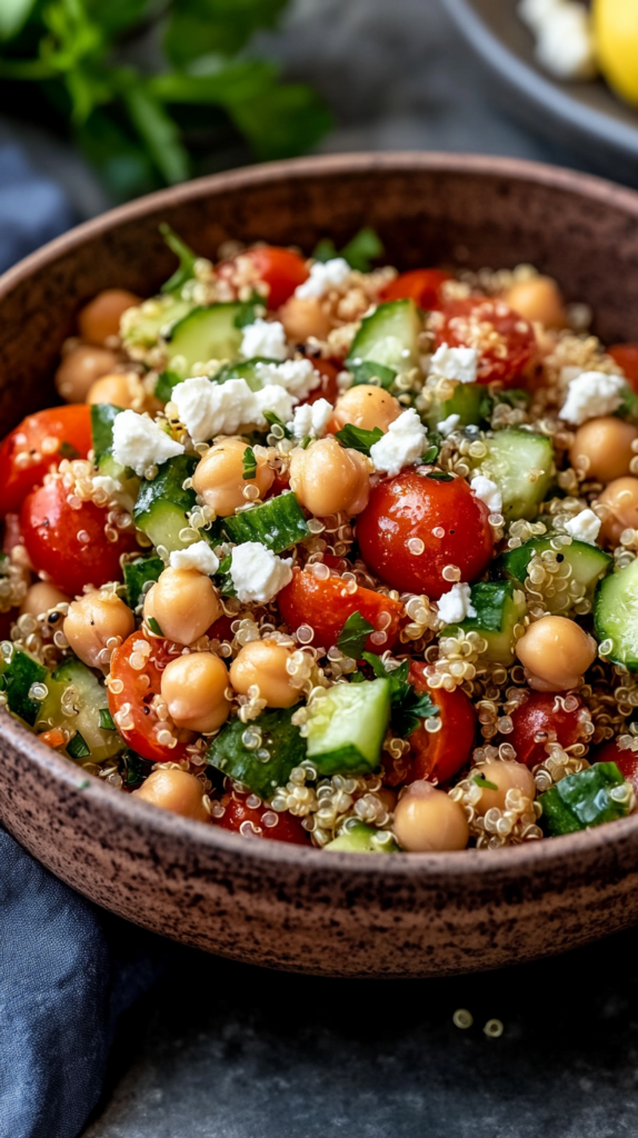 Quinoa-Salat mit Kichererbsen, Cherrytomaten & Zitronendressing in einer rustikalen Schüssel.