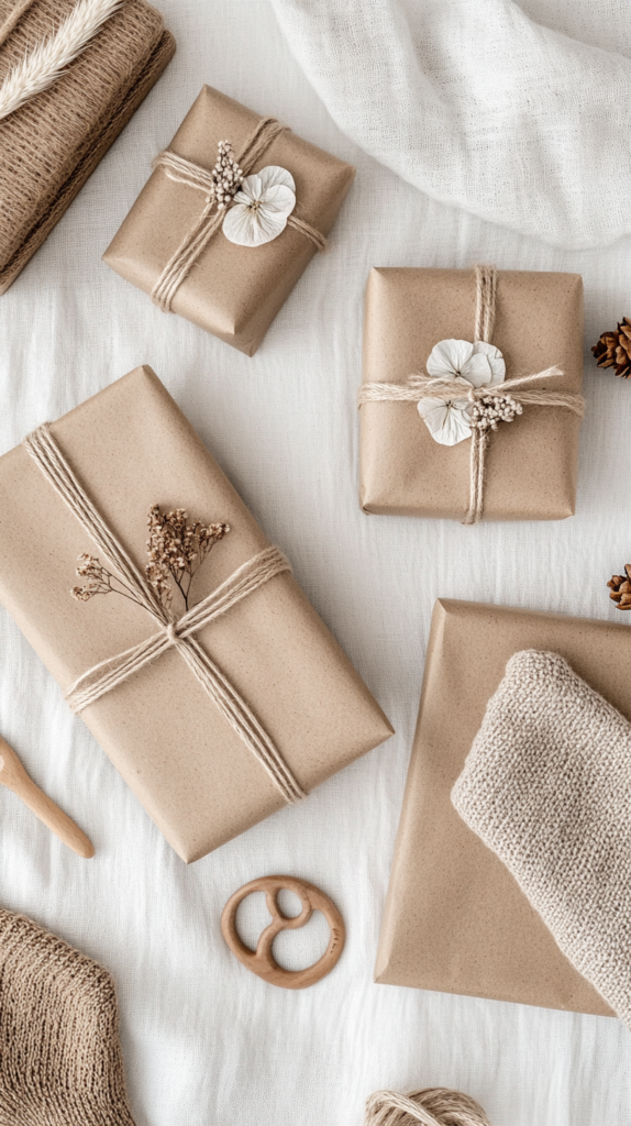 Nachhaltige Babygeschenke in Recyclingpapier, mit Juteband & getrockneten Blumen verziert.