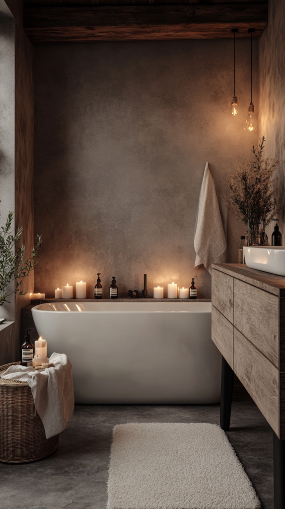 Hygge-Badezimmer mit indirekter Beleuchtung, Kerzen & warmem Licht für eine entspannte Atmosphäre.