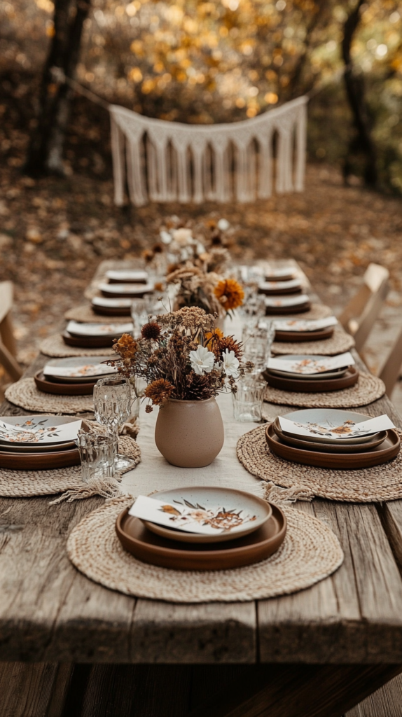Nachhaltig dekorierter Babyshower-Tisch mit Trockenblumen, Keramikgeschirr & Makramee-Girlanden im Garten.