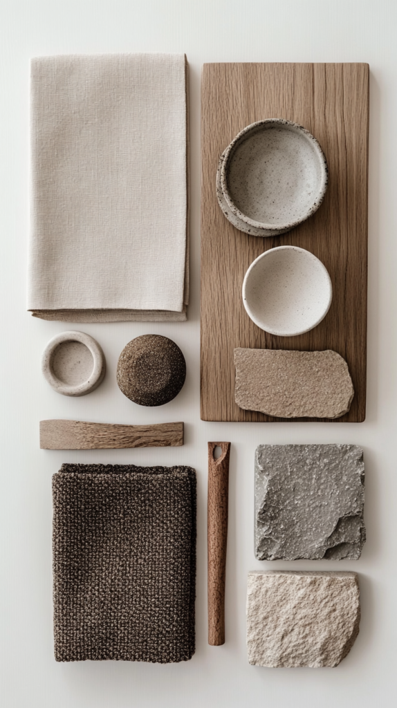 Materialboard mit Holz, Leinen & Stein – perfekte Japandi-Kombination für ein harmonisches Zuhause.