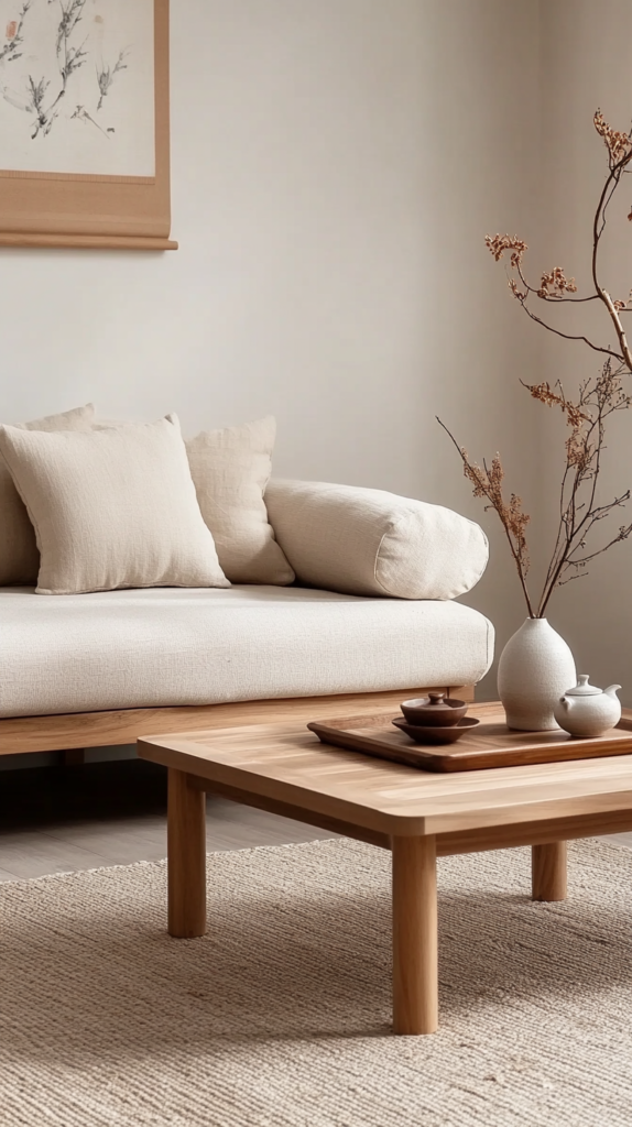 Japandi-Sofa mit Holzrahmen & neutralen Kissen für eine minimalistische Gemütlichkeit.