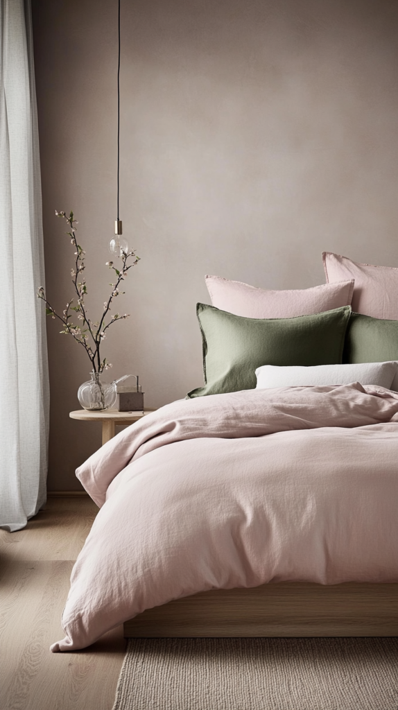 Helles Hygge-Schlafzimmer mit pastellfarbenen Bettbezügen & skandinavischer Deko.