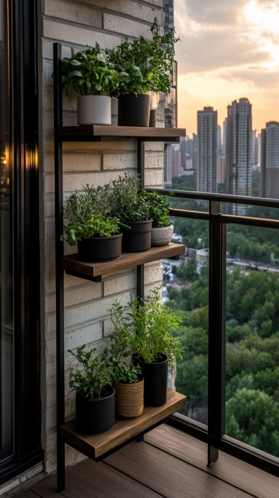Verschiedene Balkon-Urban-Gardening-Ideen mit hängenden Kräutertöpfen, Hochbeeten & kreativen Pflanzlösungen.