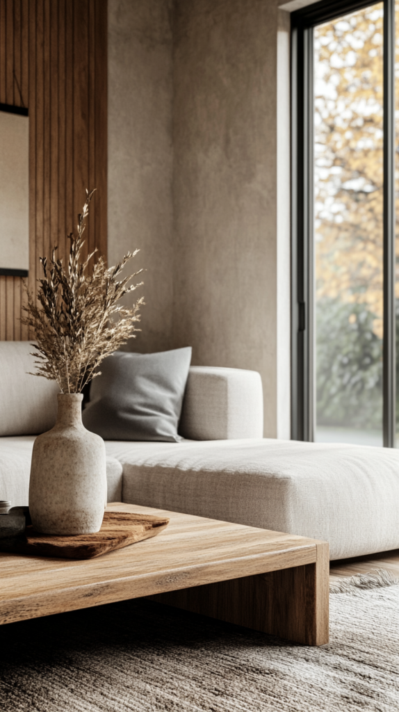 Minimalistisches Japandi-Wohnzimmer mit Holztisch, Leinen-Sofa & Keramikdeko.