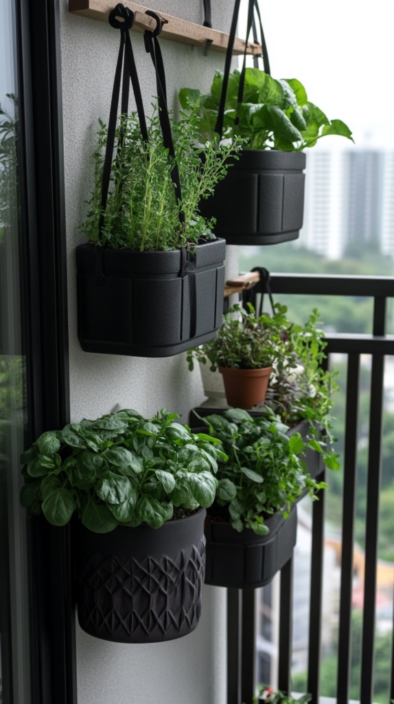 Unterschiedliche platzsparende Pflanzgefäße für Urban Gardening auf dem Balkon, darunter hängende Töpfe und Hochbeete.