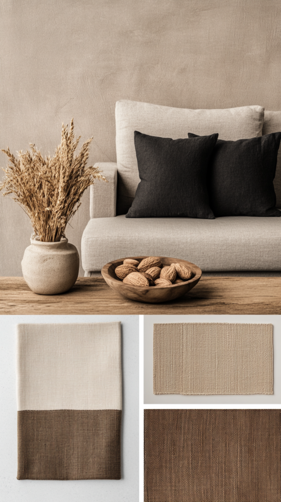 Moodboard mit Hygge-Wohntrends für 2025 – natürliche Materialien, sanfte Farben & minimalistische Möbel.