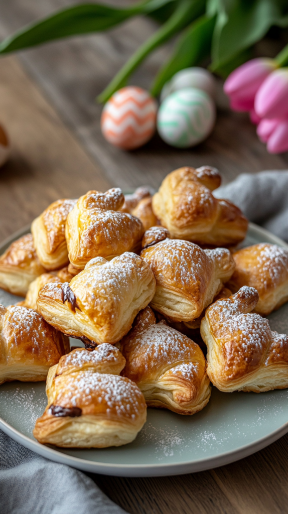 Knusprige Blätterteig-Osterhasen mit Schokoladenfüllung – perfekt für den Osterbrunch.